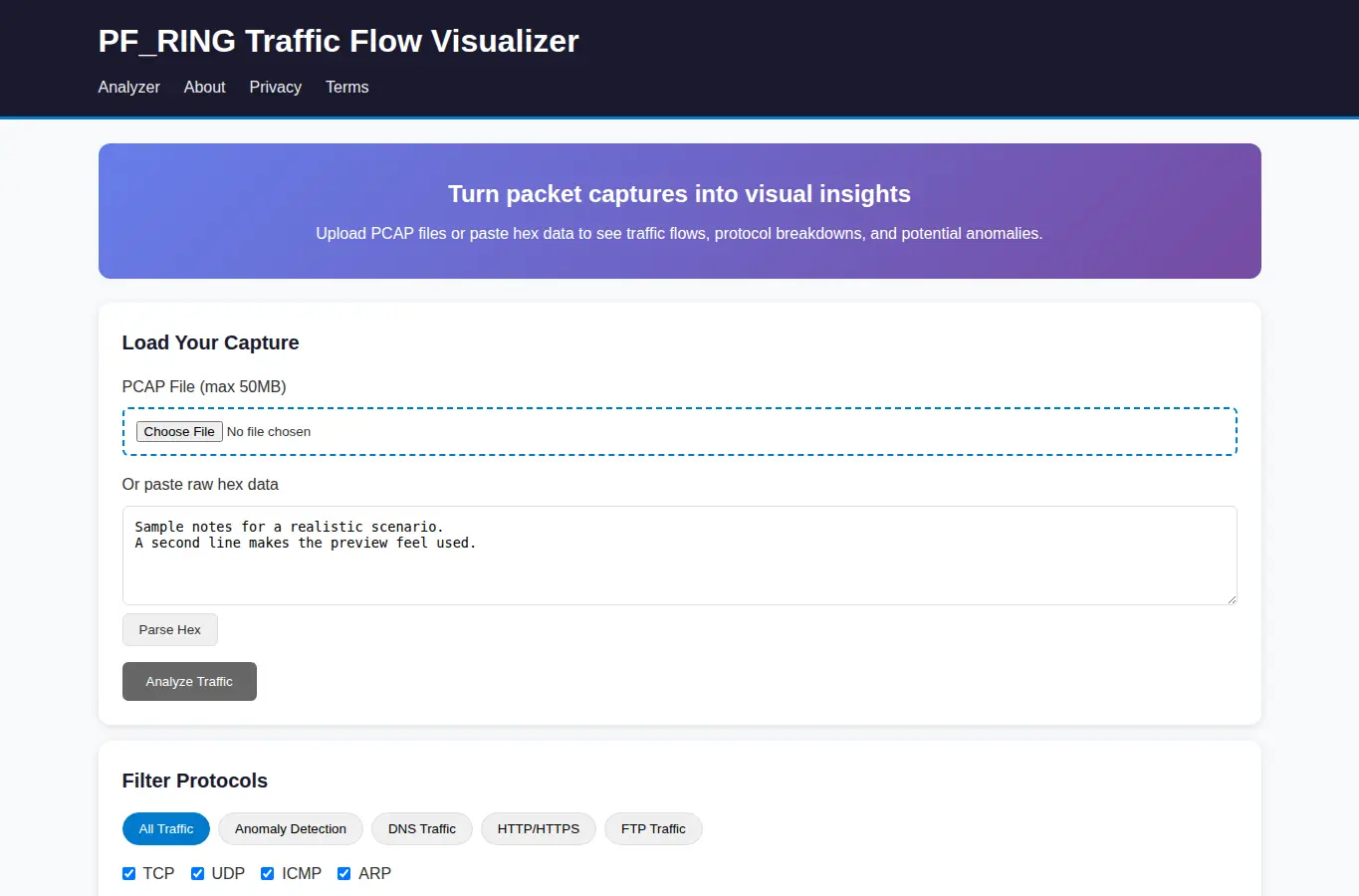 Screenshot of PF_RING Traffic Flow Visualizer interface showing the project page in use